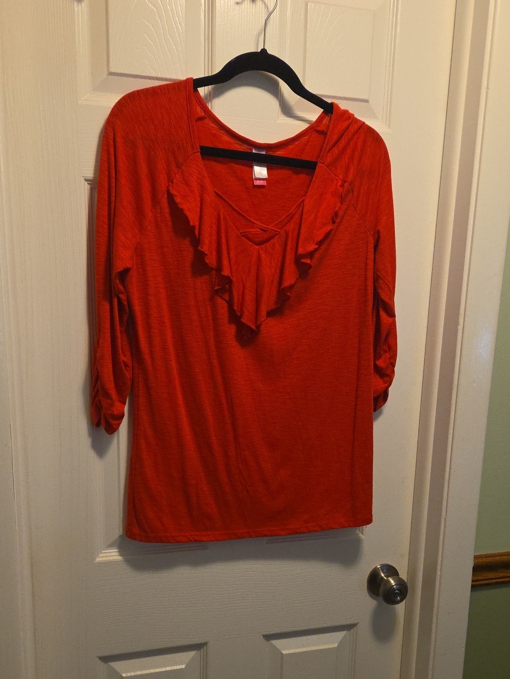 No Boundaries Red Ruffle V-Neck Long Sleeve Top